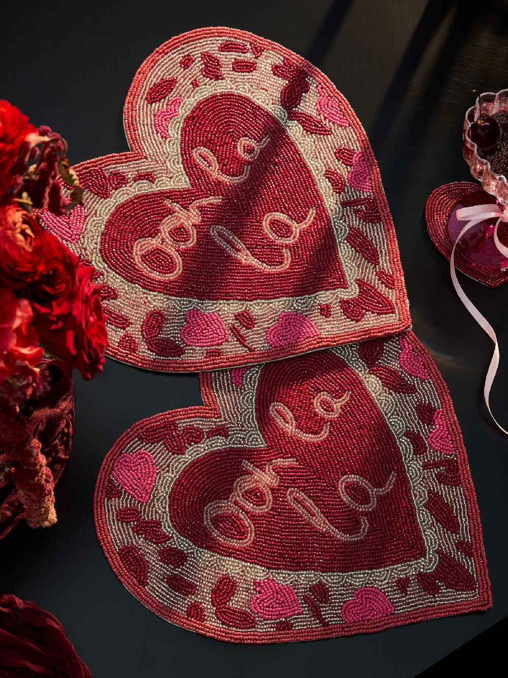 seraphine Set of 2 Pink Beaded Heart Placemats