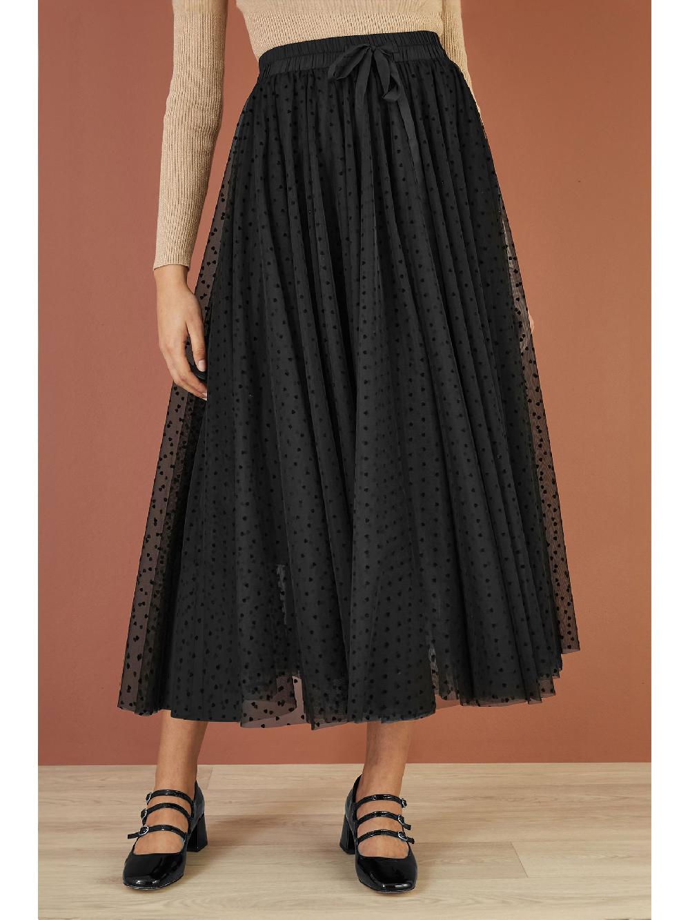 seraphine Yumi Black Mesh Heart Print Tulle Skirt