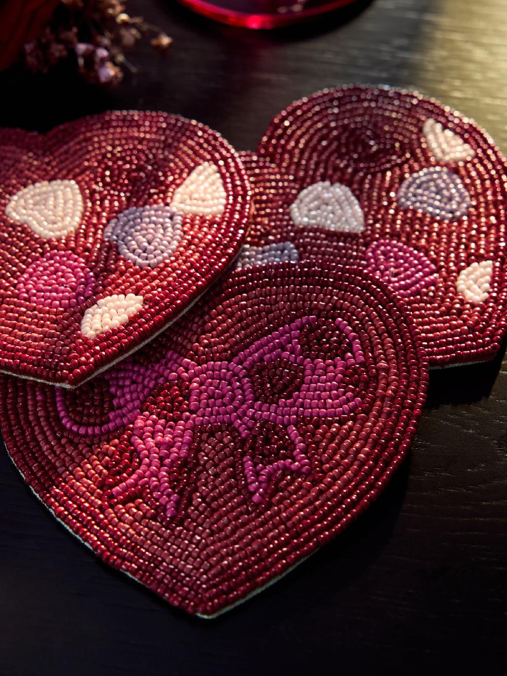 seraphine Set of 4 Pink Beaded Heart and Bow Coasters