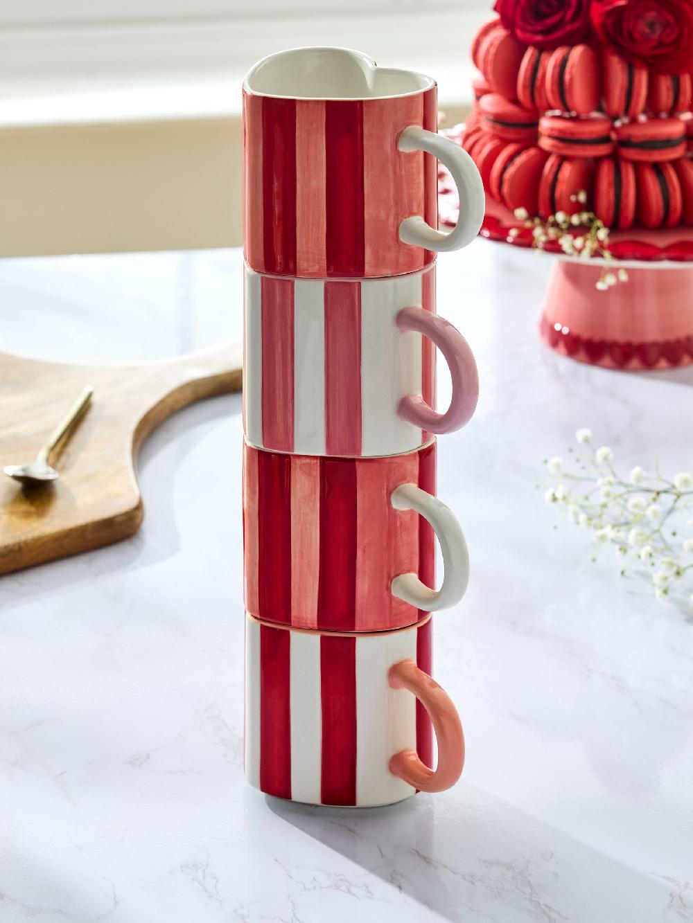 seraphine Set of 4 Pink Stripe Heart Shaped Stacking Mugs