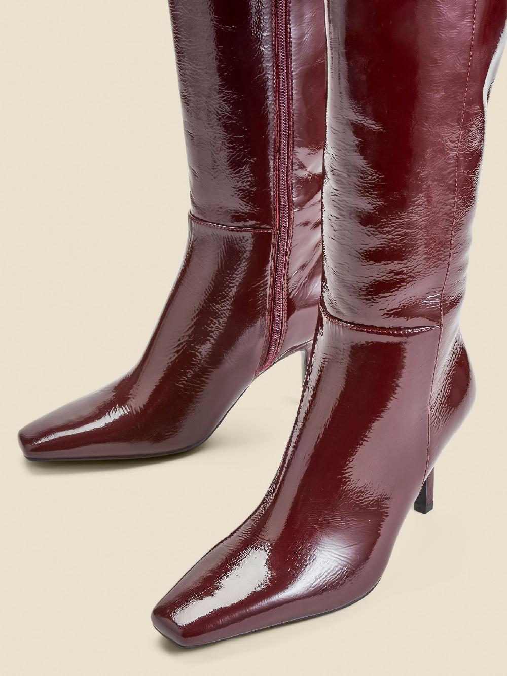 seraphine Sosandar Red Leather Square Toe Mid Heel Knee High Boots