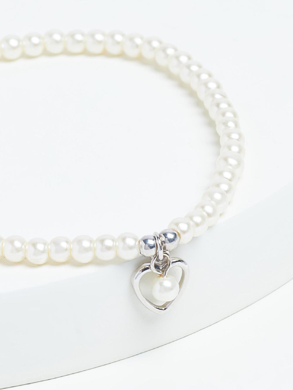 seraphine Sterling Silver Heart Charm Pearl Effect Beaded Bracelet