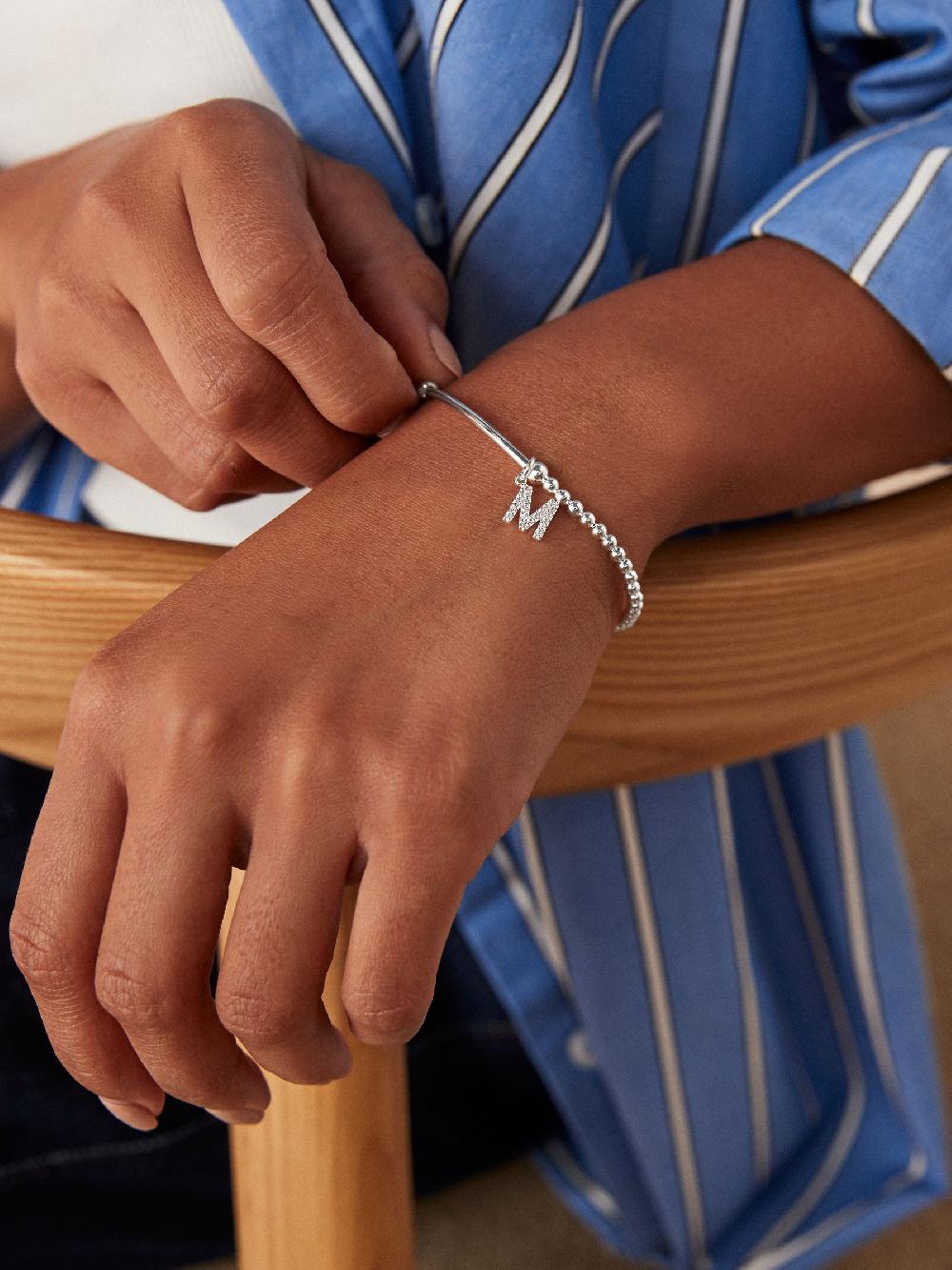 seraphine Sterling Silver Initial Cubic Zirconia Beaded Stretch Bracelet