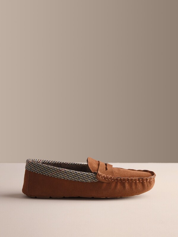 Seraphine Tan Brown Signature Suede Fabric Trim Moccasin Slippers