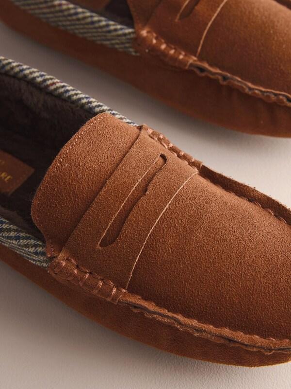 Seraphine Tan Brown Signature Suede Fabric Trim Moccasin Slippers