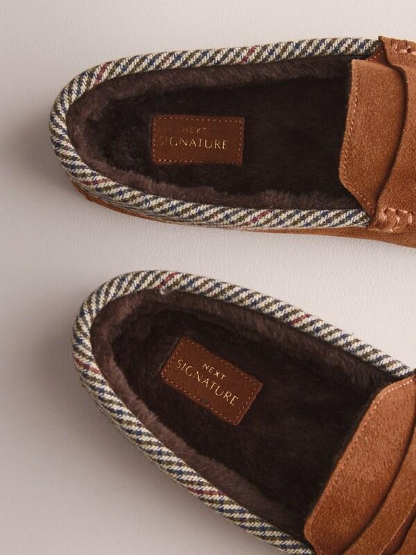 Seraphine Tan Brown Signature Suede Fabric Trim Moccasin Slippers