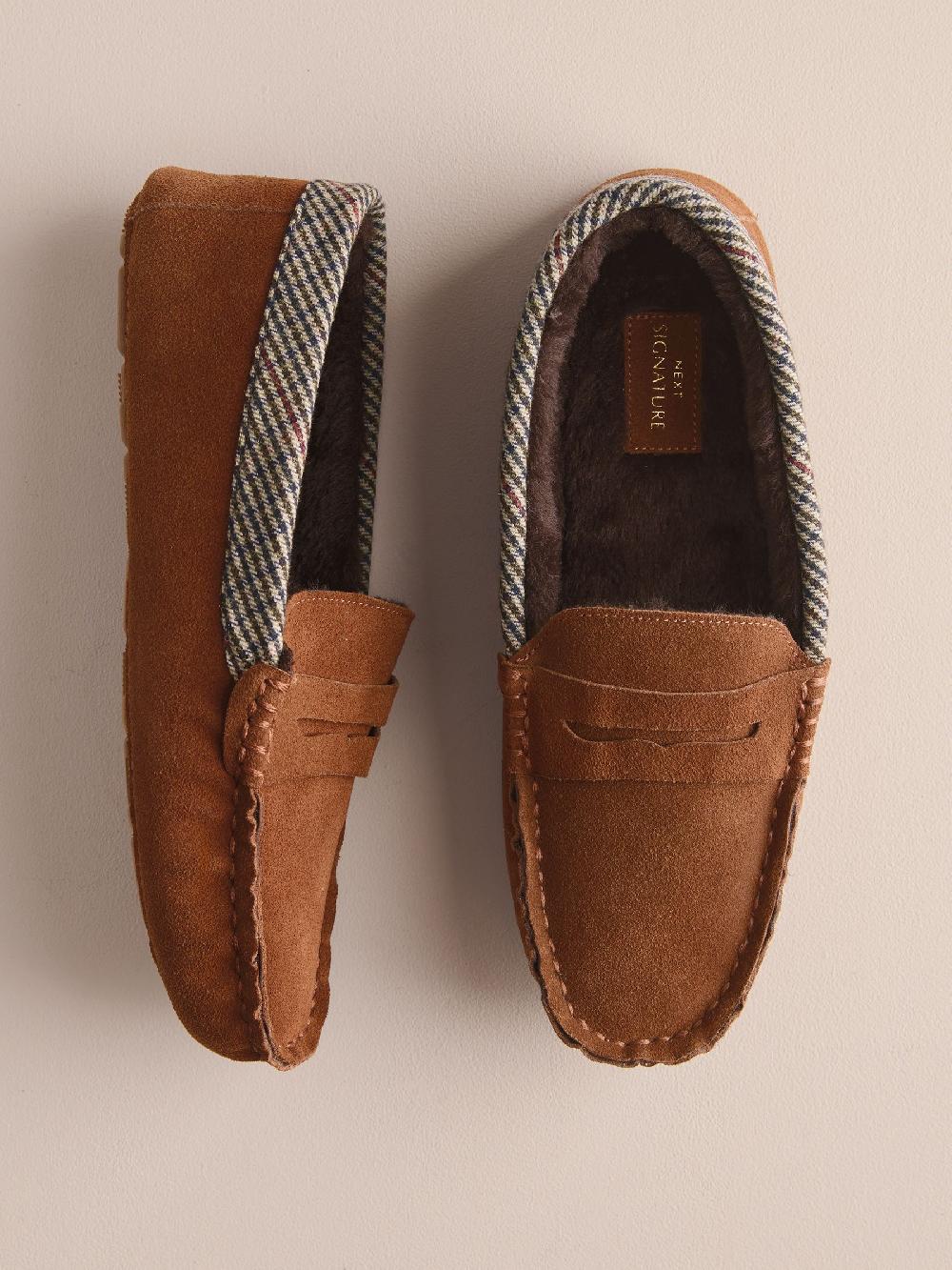 seraphine Tan Brown Signature Suede Fabric Trim Moccasin Slippers