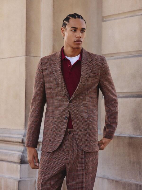 Seraphine Tan/Red Slim Fit Wool Blend Check Suit Jacket
