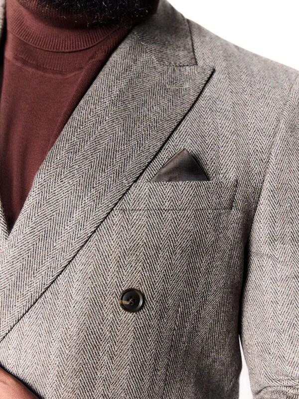 Seraphine Taupe Brown Double Breasted Signature Marzotto 100% Italian Wool Herringbone Suit Jacket