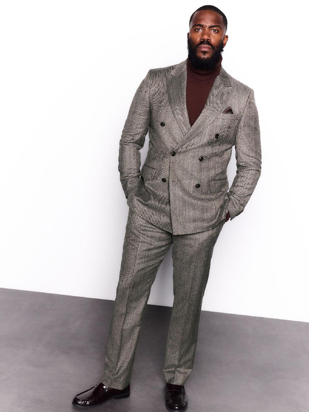 seraphine Taupe Brown Double Breasted Signature Marzotto 100% Italian Wool Herringbone Suit Jacket