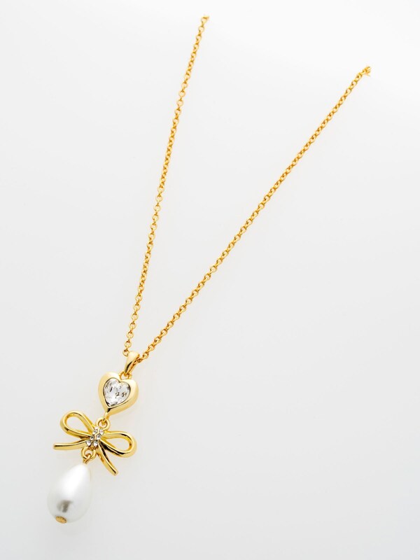 Seraphine Ted Baker Gold Tone/Pearl & Crystal IMOGEN Icon Charm Heart Bow Pearl Drop Pendant Necklace
