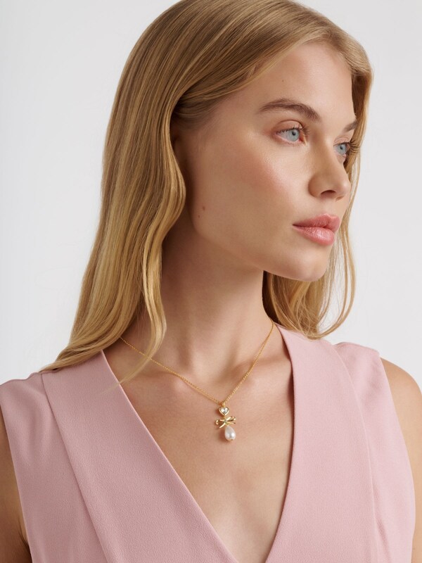 seraphine Ted Baker Gold Tone/Pearl & Crystal IMOGEN Icon Charm Heart Bow Pearl Drop Pendant Necklace