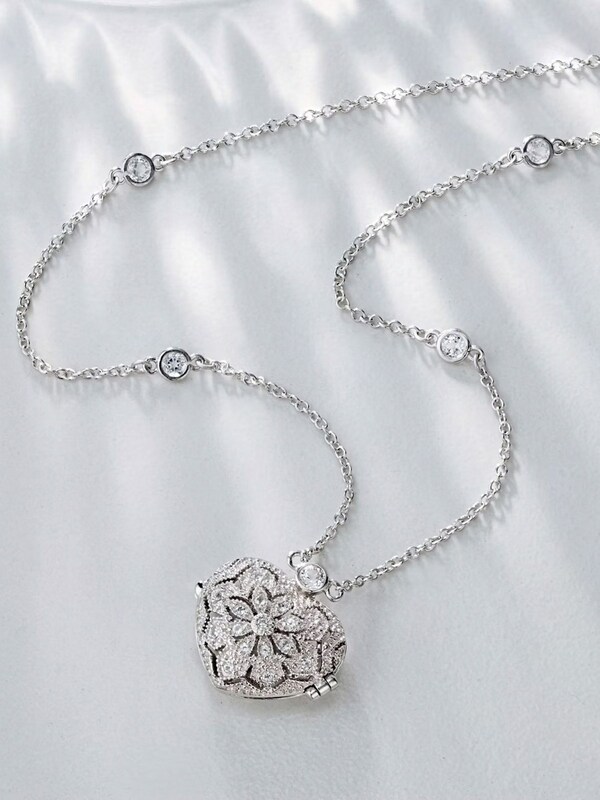 Seraphine The Diamond Store Silver Tone Heart Locket Lab Diamond Necklace White Topaz