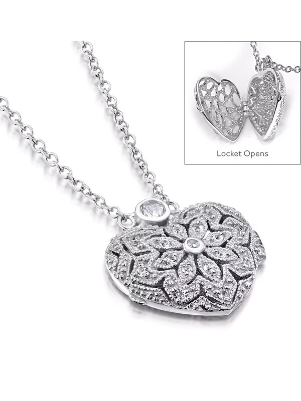 Seraphine The Diamond Store Silver Tone Heart Locket Lab Diamond Necklace White Topaz