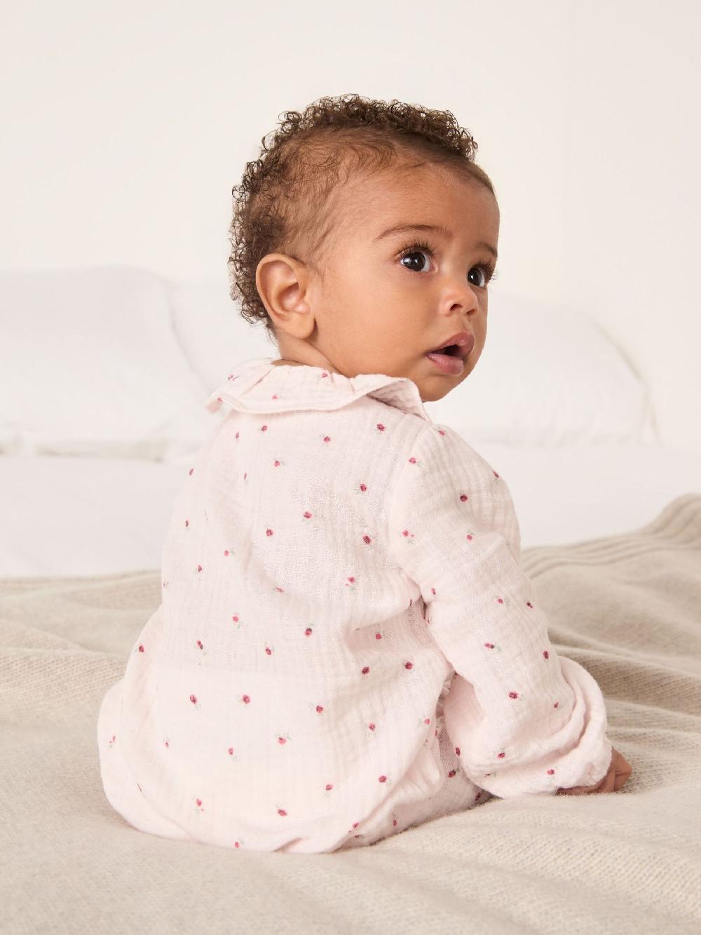 seraphine The White Company Pink Crinkle Cotton Ines Floral Frill Collar Sleepsuit