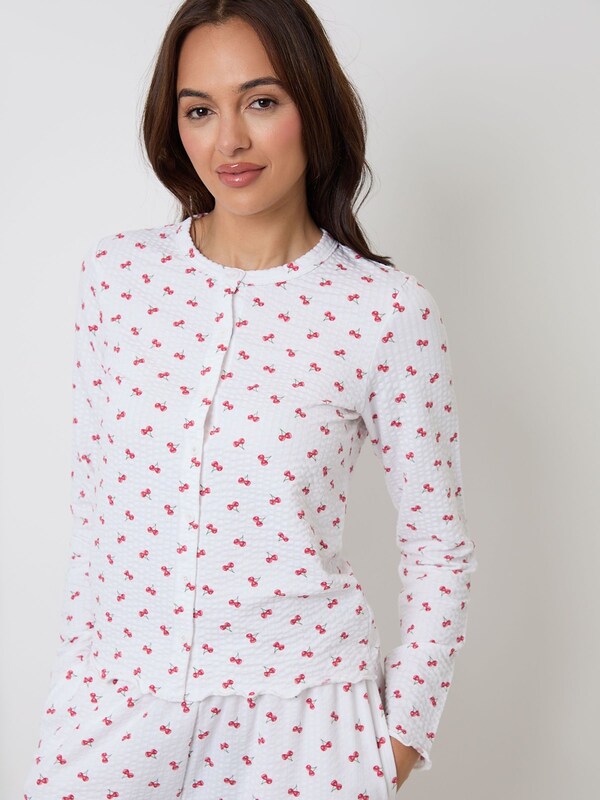 Seraphine Threadbare White Valentines Cherry Print Lettuce Hem Pyjamas Set