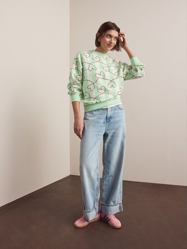 Seraphine Valentines Green Heart Stripe Supersoft Peached Essentials Crew Neck Seam Detail Sweatshirt