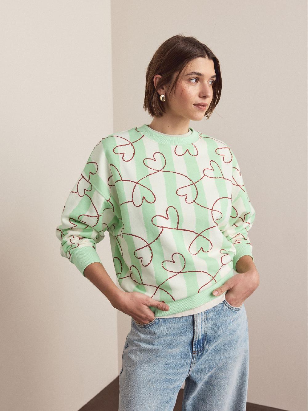 seraphine Valentines Green Heart Stripe Supersoft Peached Essentials Crew Neck Seam Detail Sweatshirt