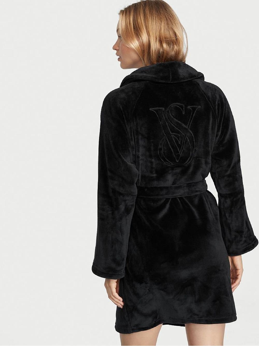 seraphine Victoria's Secret Black Embossed Logo Fluffy Short Dressing Gown