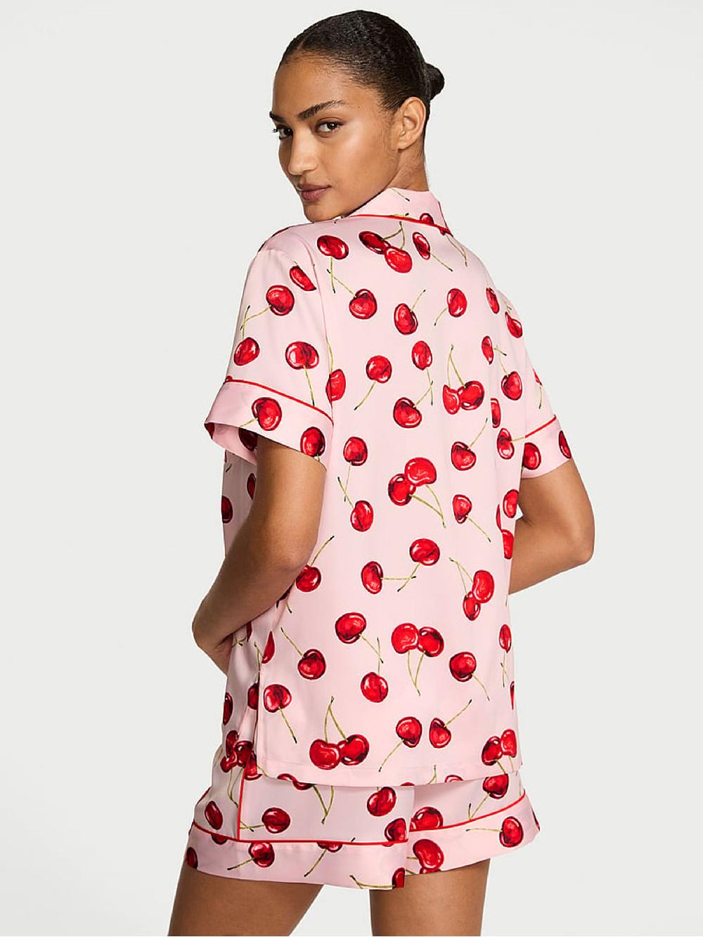 seraphine Victoria's Secret Bright Vermillion Red Exploded Cherries Satin Short Pyjamas Set