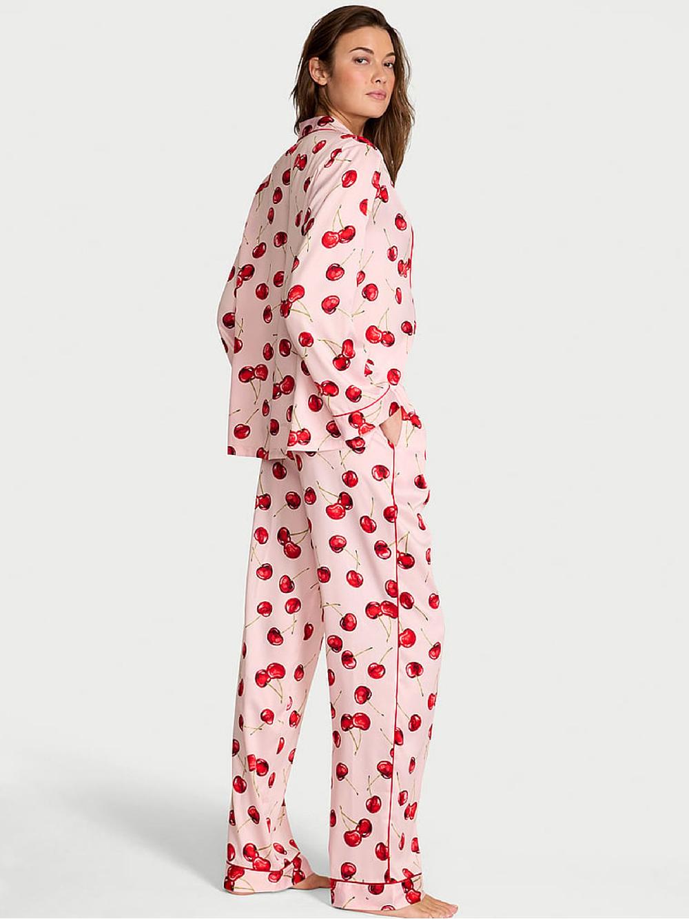 seraphine Victoria's Secret Bright Vermillion Red Exploded Cherries Satin Long Pyjamas Set
