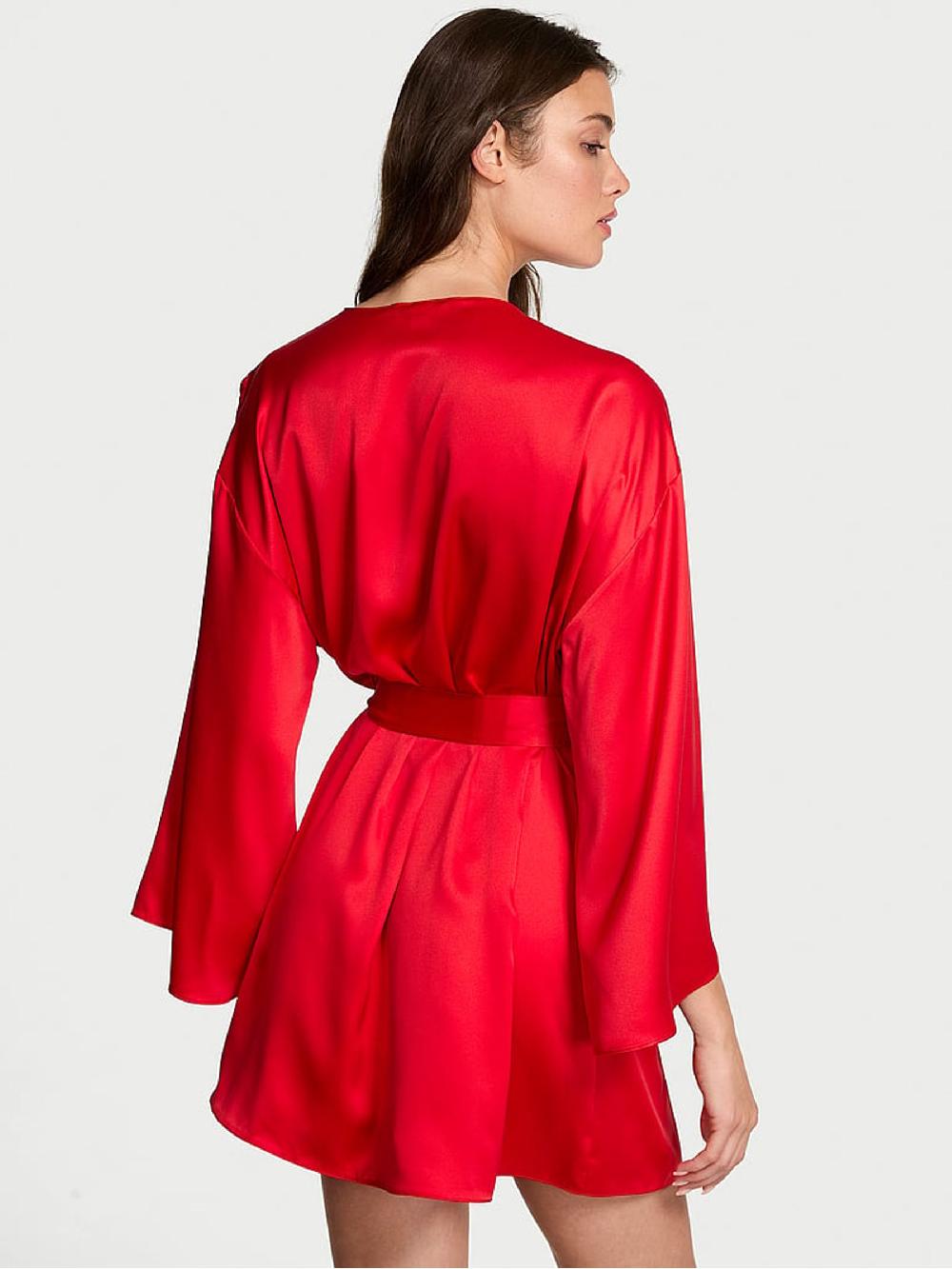 seraphine Victoria's Secret Bright Vermillion Red Satin Sparkle Bow Short Robe
