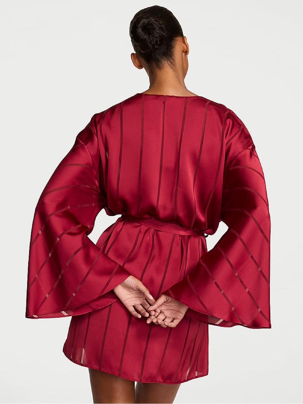 seraphine Victoria's Secret Red Lacquer Satin Sheer Stripe Short Robe