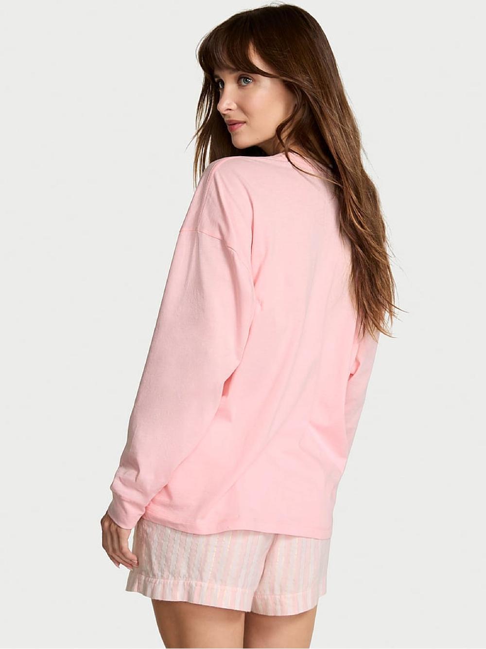 seraphine Victoria's Secret White & Pretty Blossom Pink Stripe Flannel Long Sleeve Short Pyjamas Set