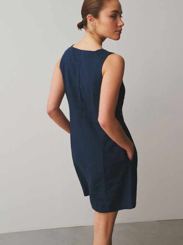 Seraphine Washed Indigo Blue Scallop Edge Square Neck Button Through Mini Shift Dress