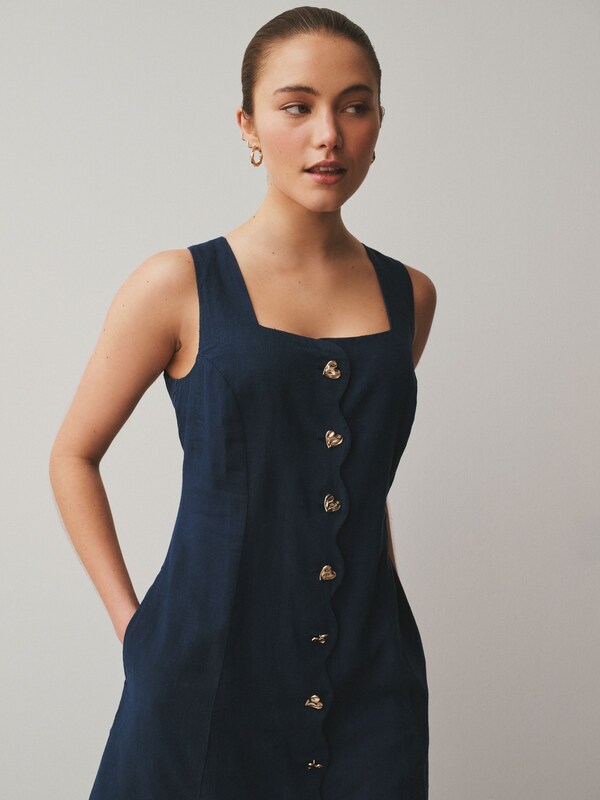 Seraphine Washed Indigo Blue Scallop Edge Square Neck Button Through Mini Shift Dress