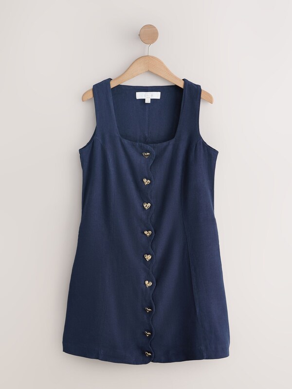 Seraphine Washed Indigo Blue Scallop Edge Square Neck Button Through Mini Shift Dress