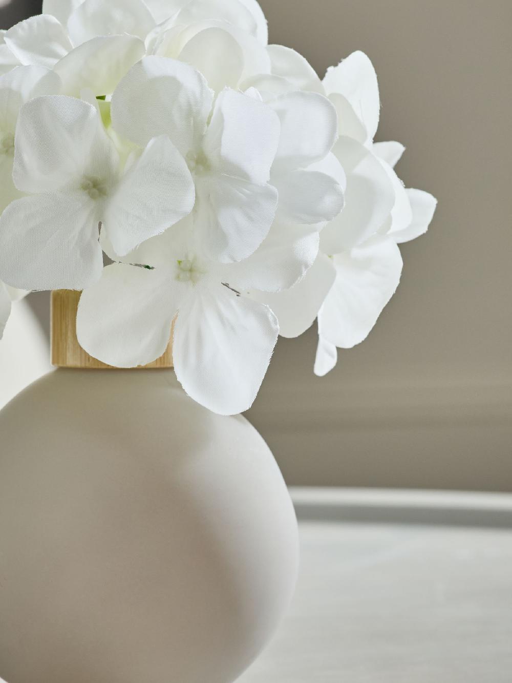 seraphine White Artificial Hydrangea Arrangement in Small Grey Glass Vase