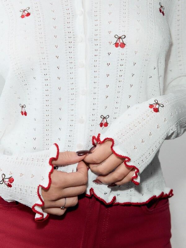 Seraphine White Cherry Embroidered Pointelle Long Sleeve Knitted Shirt