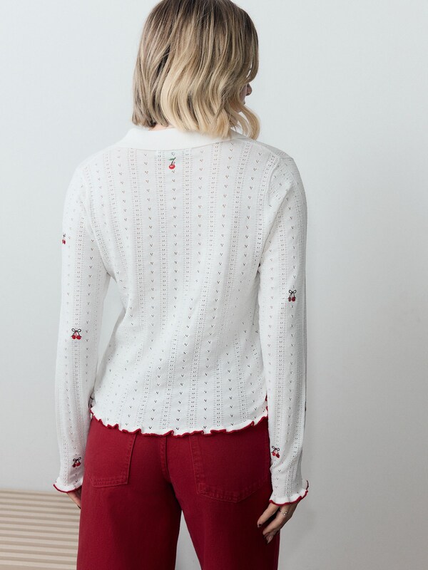 Seraphine White Cherry Embroidered Pointelle Long Sleeve Knitted Shirt