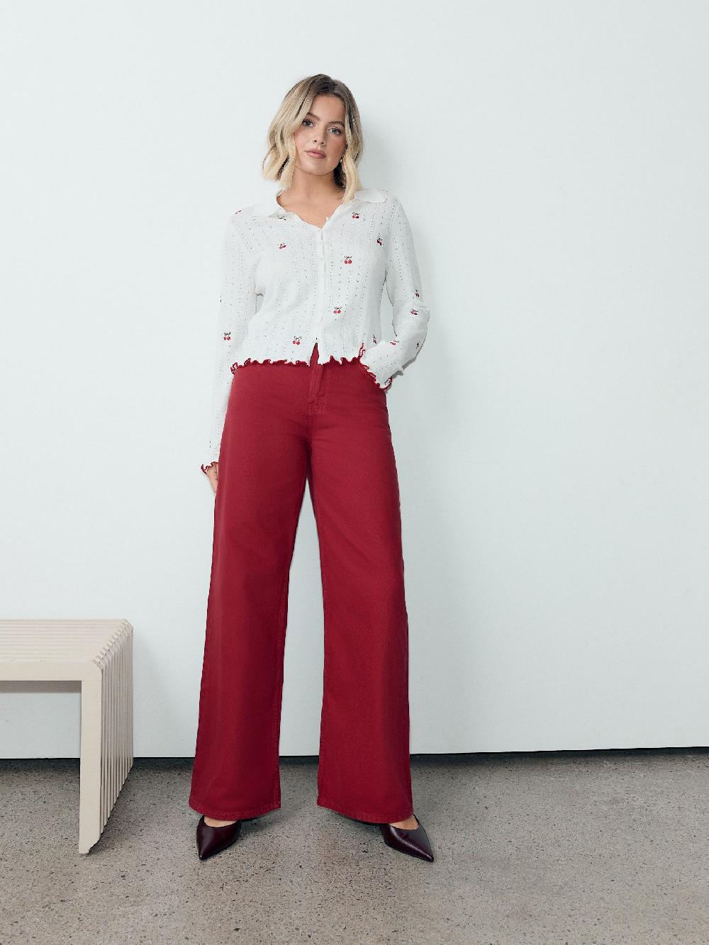 seraphine White Cherry Embroidered Pointelle Long Sleeve Knitted Shirt