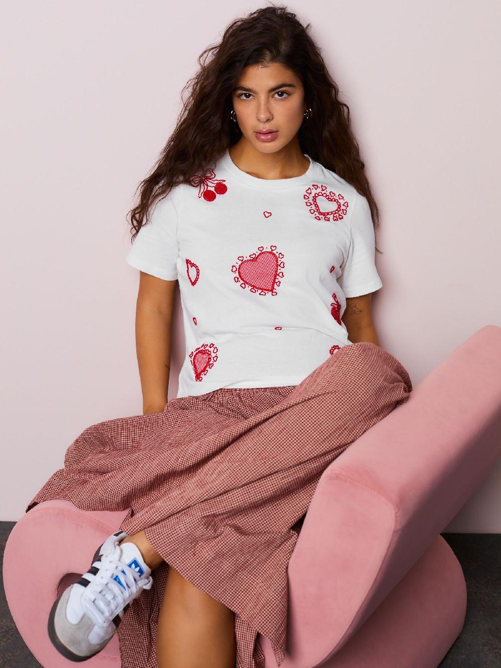 seraphine White Embellished Heart Short Sleeve Crew Neck T-Shirt