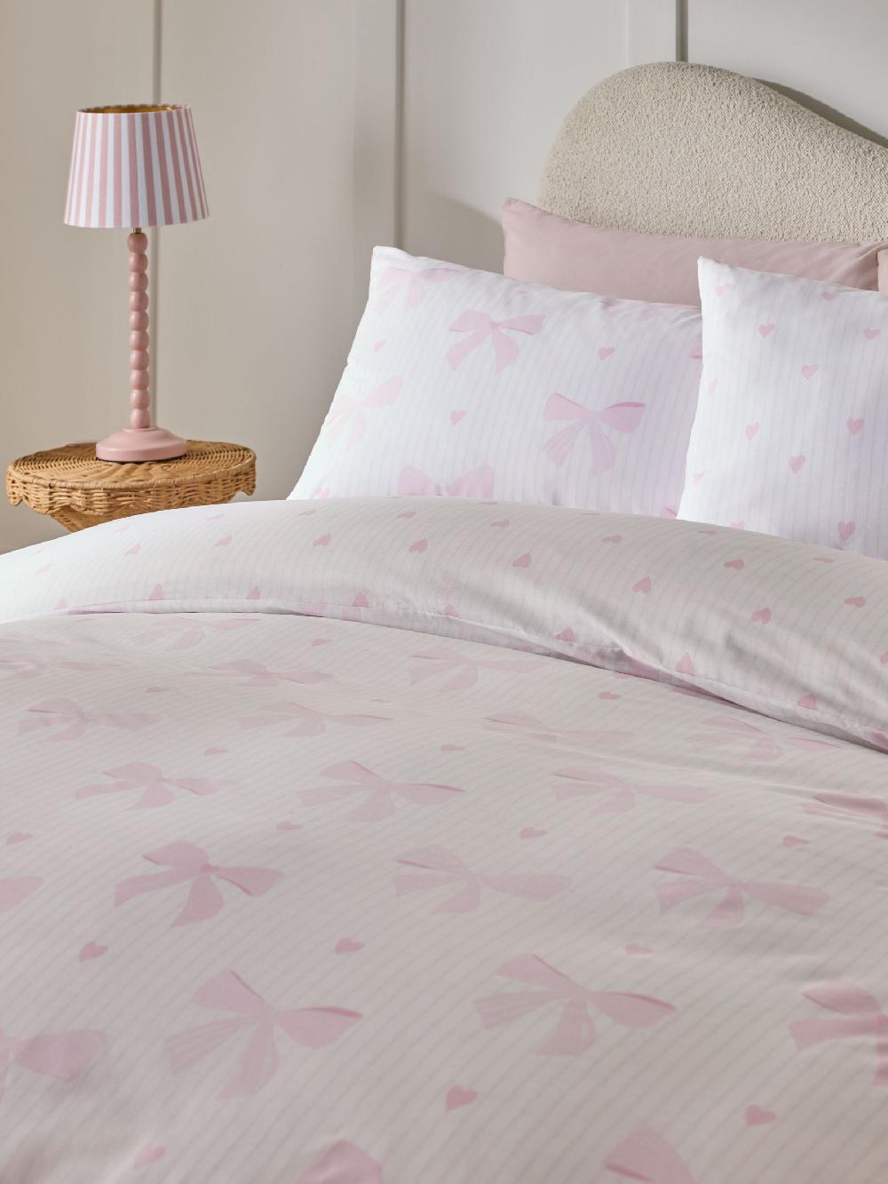 seraphine White/Pink Bow Reversible Duvet Cover and Pillowcase Set