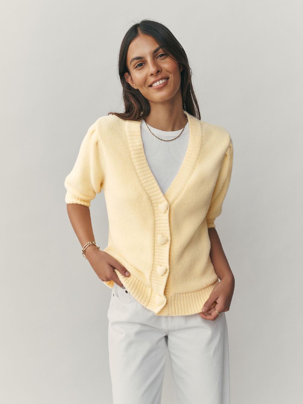 seraphine Yellow Cosy Short Sleeve Hearts and Valentines Button Cardigan