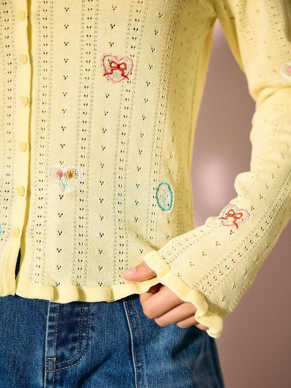 Seraphine Yellow Embroidered Pointelle Long Sleeve Knitted Shirt
