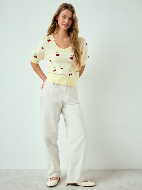 Seraphine Yellow/White Stripe Cherry Puff Sleeve Knitted Top