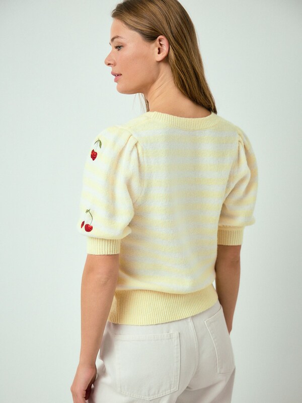 Seraphine Yellow/White Stripe Cherry Puff Sleeve Knitted Top