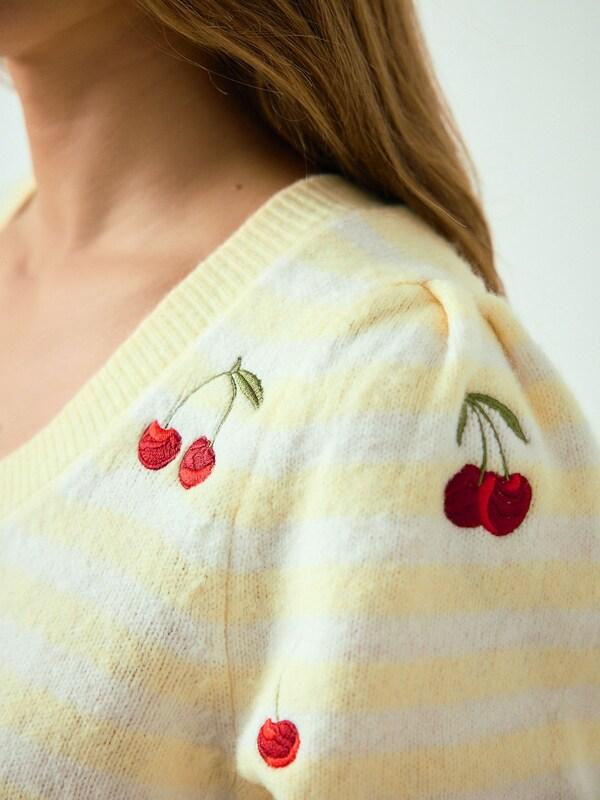 Seraphine Yellow/White Stripe Cherry Puff Sleeve Knitted Top