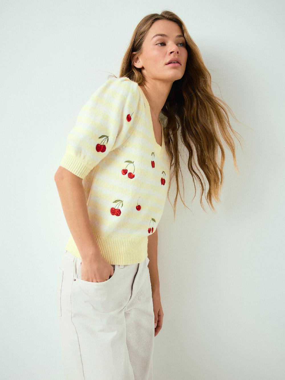 seraphine Yellow/White Stripe Cherry Puff Sleeve Knitted Top