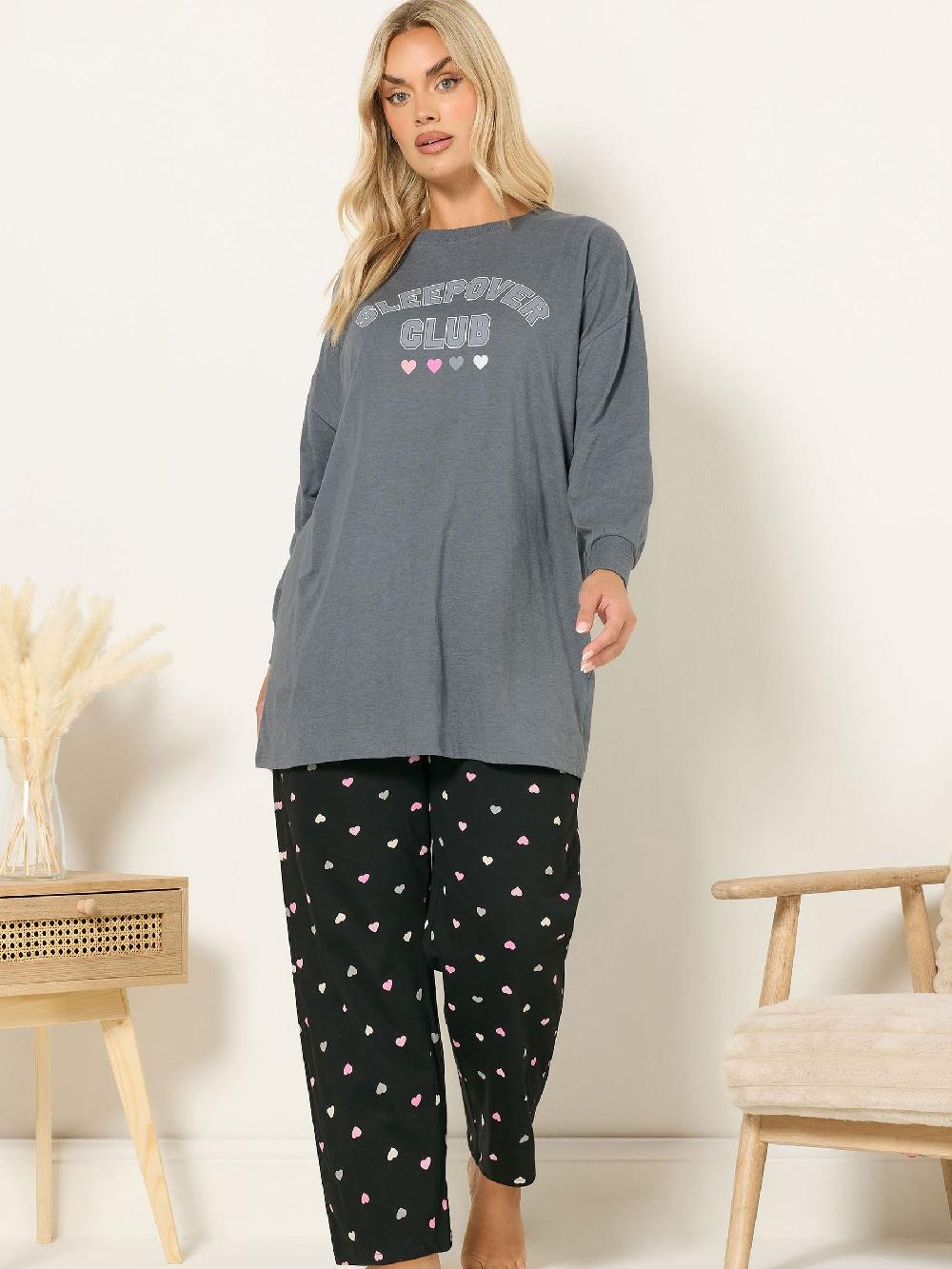 seraphine Yours Curve Grey Sleepover Club Long Sleeve Wide Leg Pyjamas Set