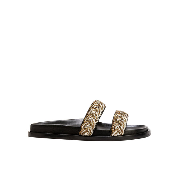 serena uziyel Ronda Black & Antique Gold Flat Comfort Slides Flats