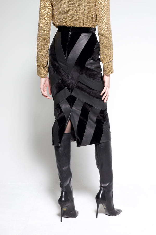 Sergio Hudson Patchwork Leather / Silk Velvet Midi Skirt