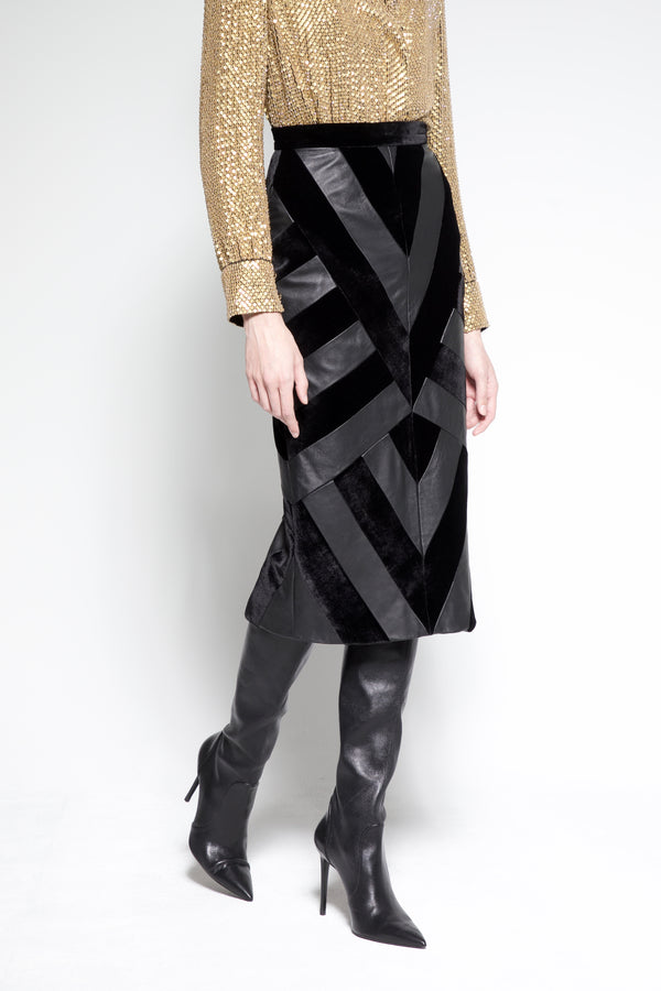 sergio hudson Patchwork Leather / Silk Velvet Midi Skirt