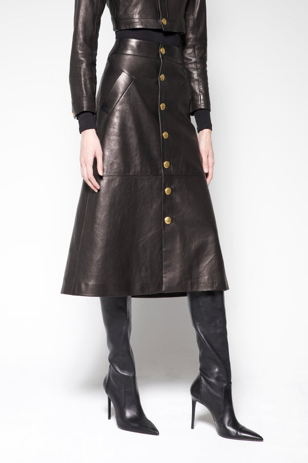 sergio hudson Button-Front Leather Midi Skirt