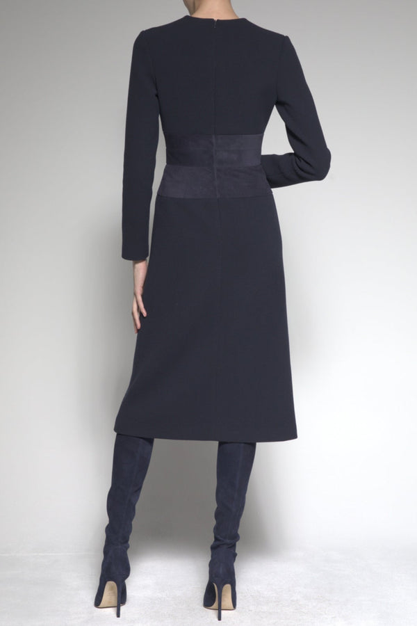 Sergio Hudson Crew Neck A-Line Dress W/ Suede Waist