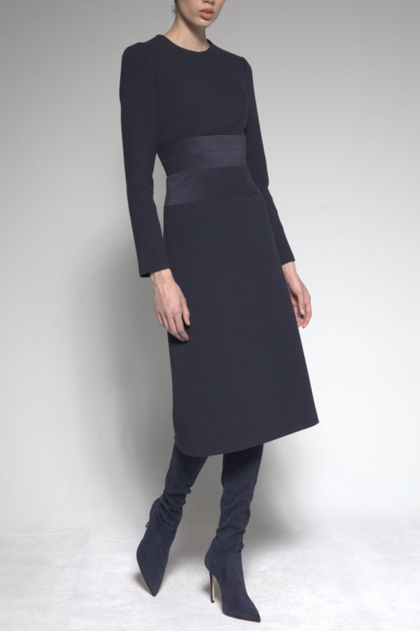 sergio hudson Crew Neck A-Line Dress w/ Suede Waist